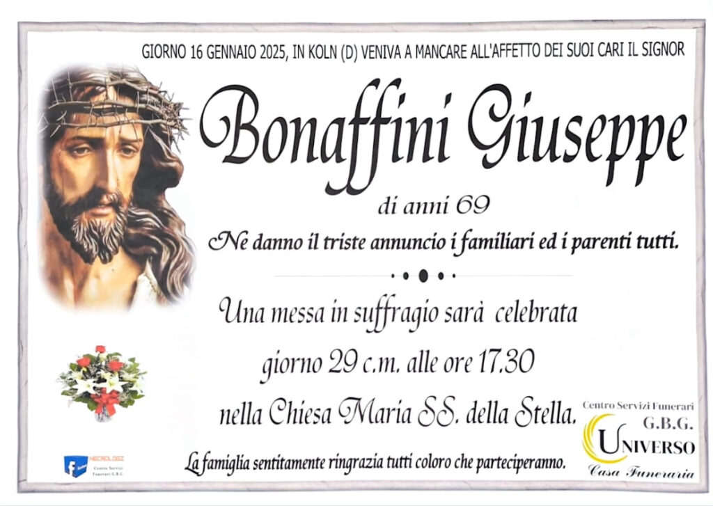 Annuncio servizi funerari Ag. G.B.G. Sig. Bonaffini Giuseppe di anni 69