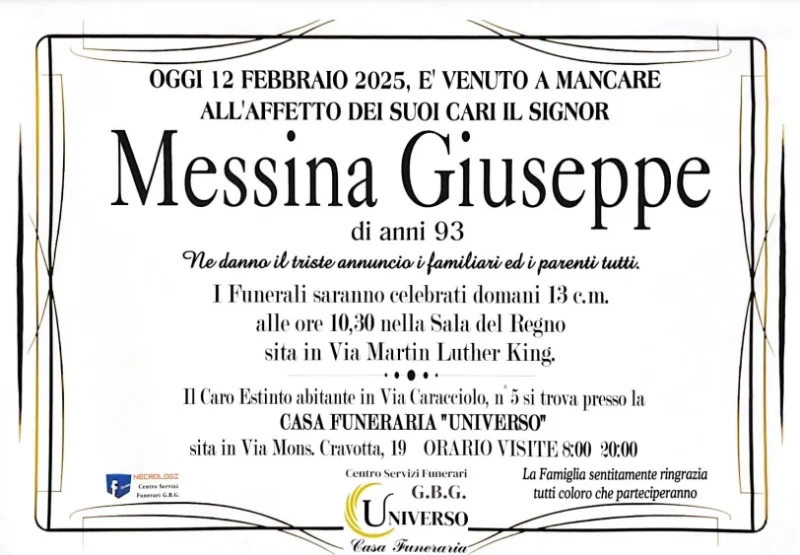 Annuncio serrvizi funerari Ag. G.B.G. Sig. Messina Giuseppe di anni 93