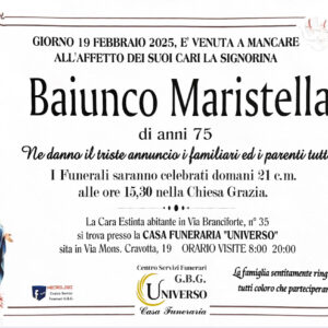 Annuncio servizi funerari Ag. G.B.G. Sig.na Baiunco Maristella di anni 75